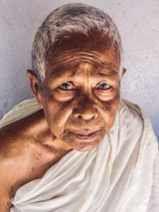 Close-up portrait of an elderly Indian woman with grey hair and traditional attire.